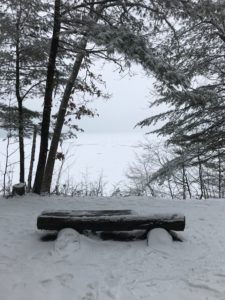 bench overlooking snow covered water