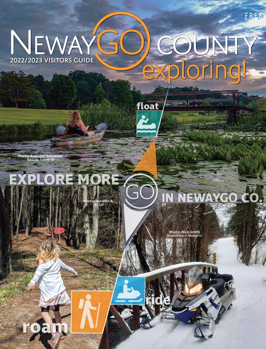 2022 travel guide cover featuring outdoor recreational images - kayaking, disc golf, snowmobiling and outdoor icons